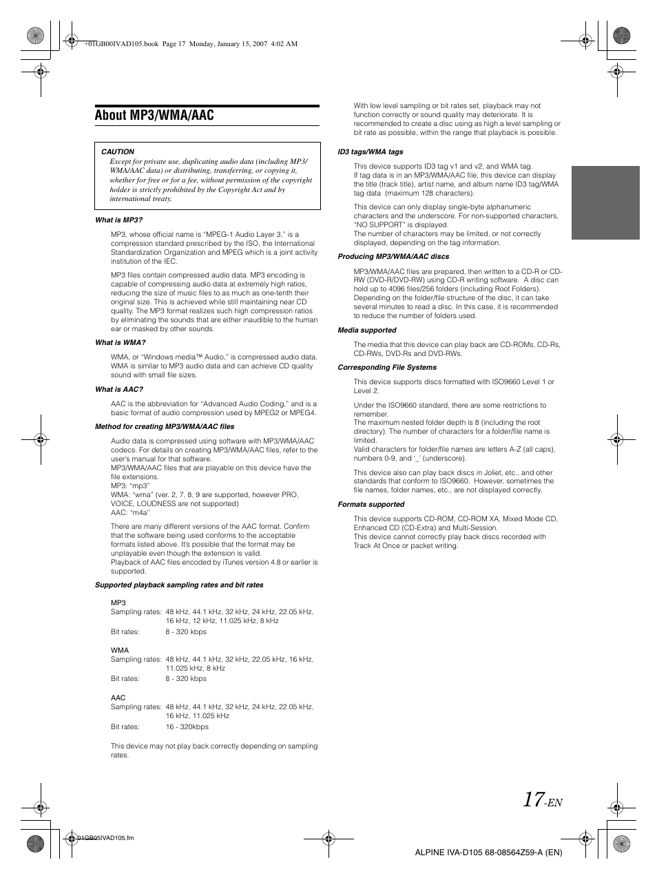 About mp3/wma/aac | Alpine IVA-D105 User Manual | Page 19 / 83