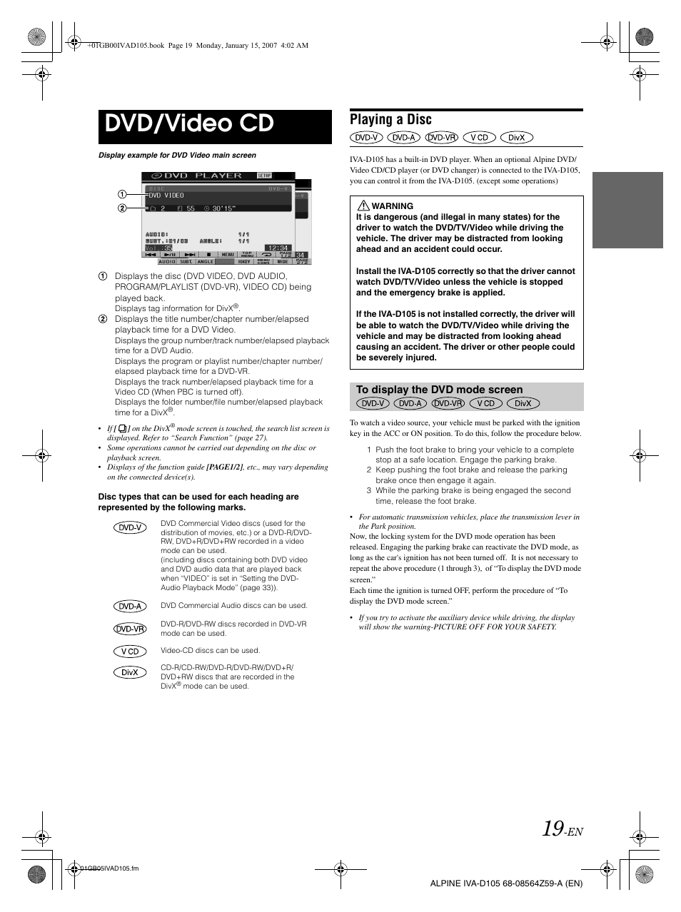 Dvd/video cd, Playing a disc | Alpine IVA-D105 User Manual | Page 21 / 83