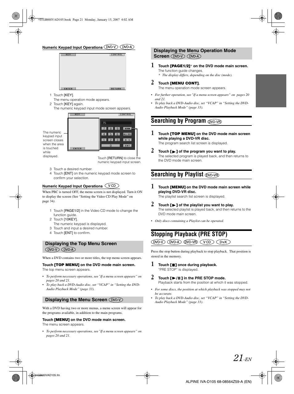 Searching by program, Searching by playlist, Stopping playback (pre stop) | Alpine IVA-D105 User Manual | Page 23 / 83