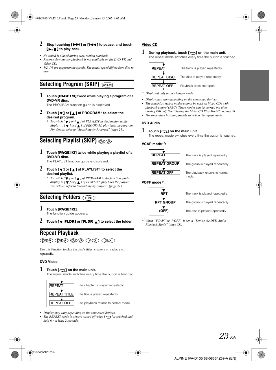 Selecting program (skip), Selecting playlist (skip), Selecting folders | Repeat playback | Alpine IVA-D105 User Manual | Page 25 / 83