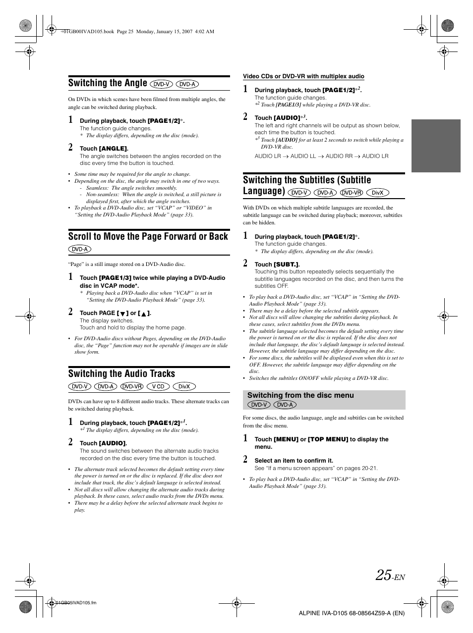 Switching the angle, Scroll to move the page forward or back, Switching the audio tracks | Switching the subtitles (subtitle language) | Alpine IVA-D105 User Manual | Page 27 / 83