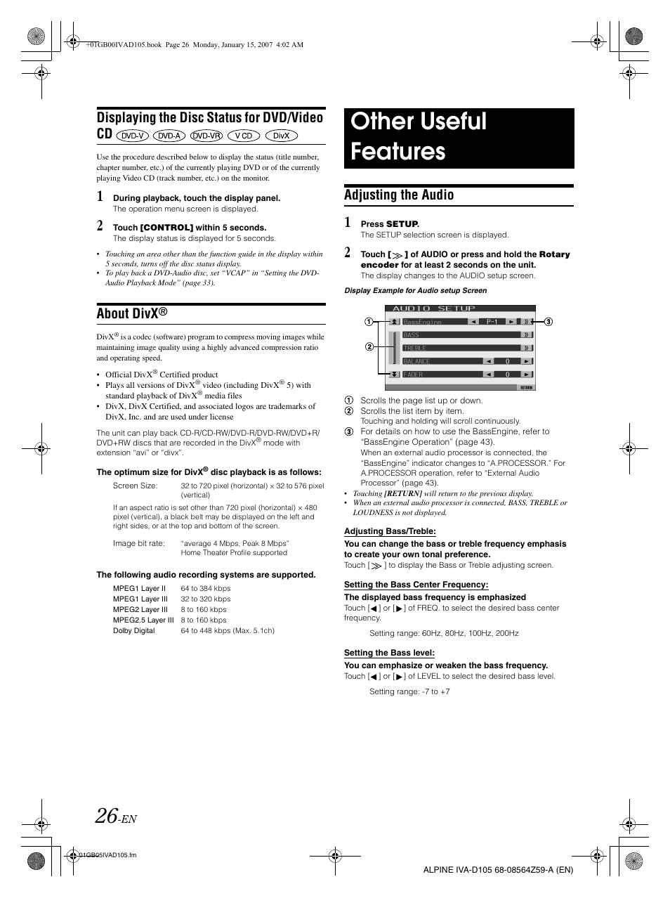 Other useful features, Displaying the disc status for dvd/video cd, About divx | Adjusting the audio | Alpine IVA-D105 User Manual | Page 28 / 83