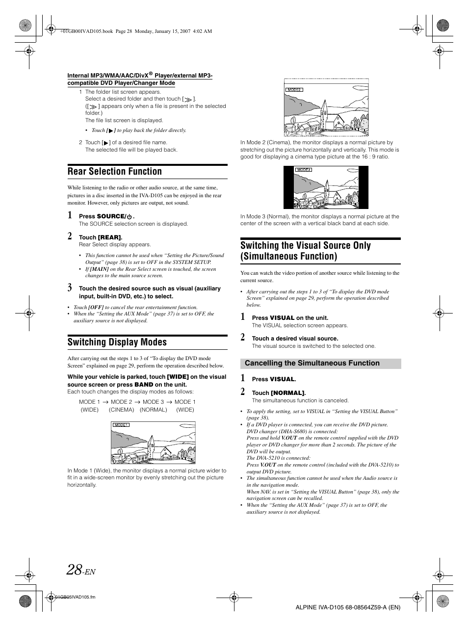 Rear selection function, Switching display modes | Alpine IVA-D105 User Manual | Page 30 / 83