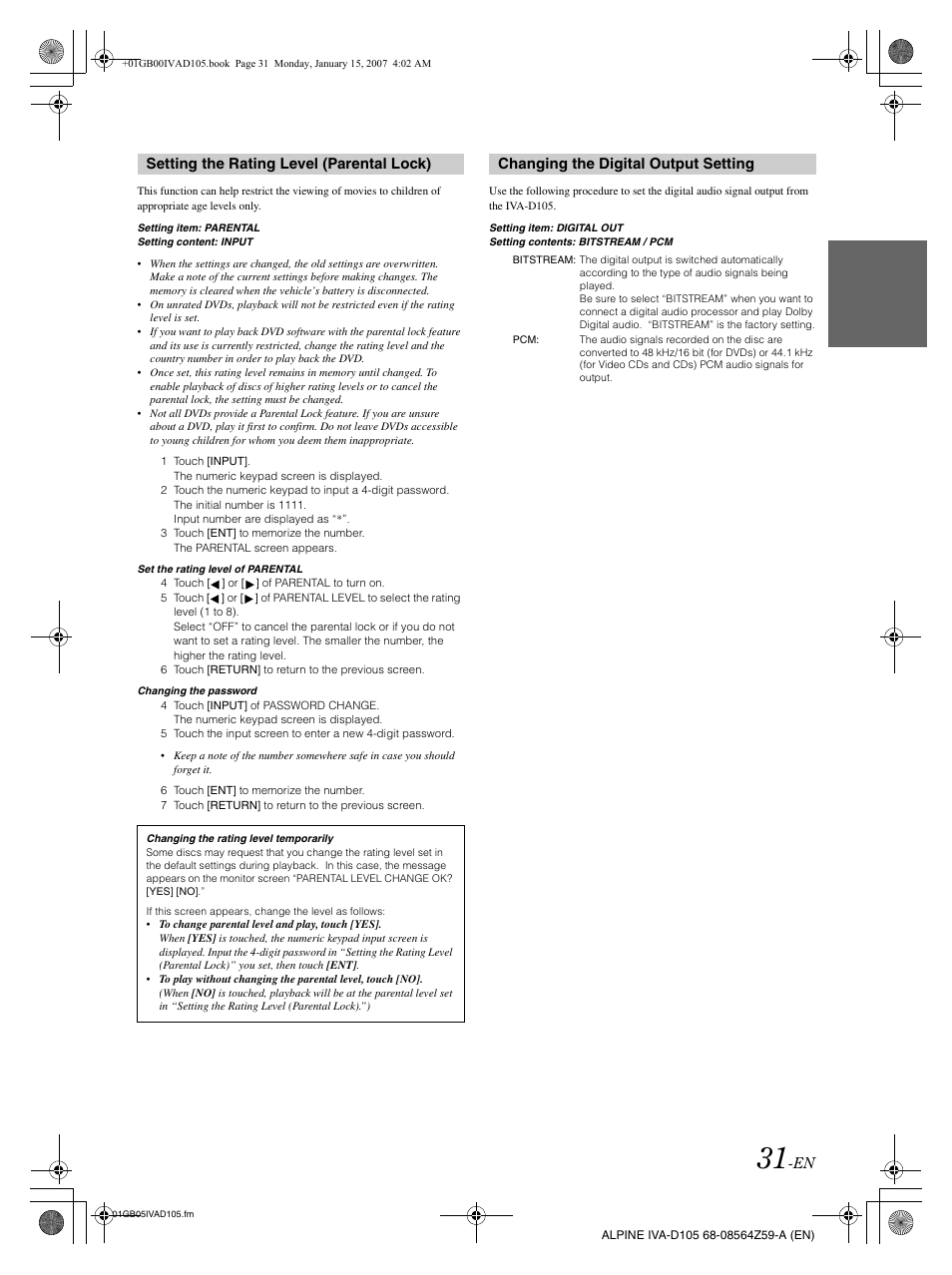 Setting the rating level (parental lock), Changing the digital output setting | Alpine IVA-D105 User Manual | Page 33 / 83
