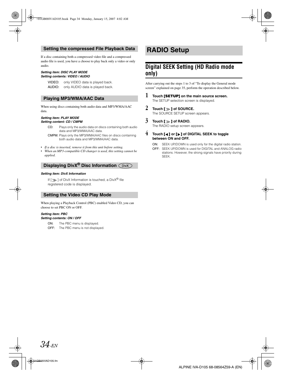 Radio setup, Digital seek setting (hd radio mode only) | Alpine IVA-D105 User Manual | Page 36 / 83