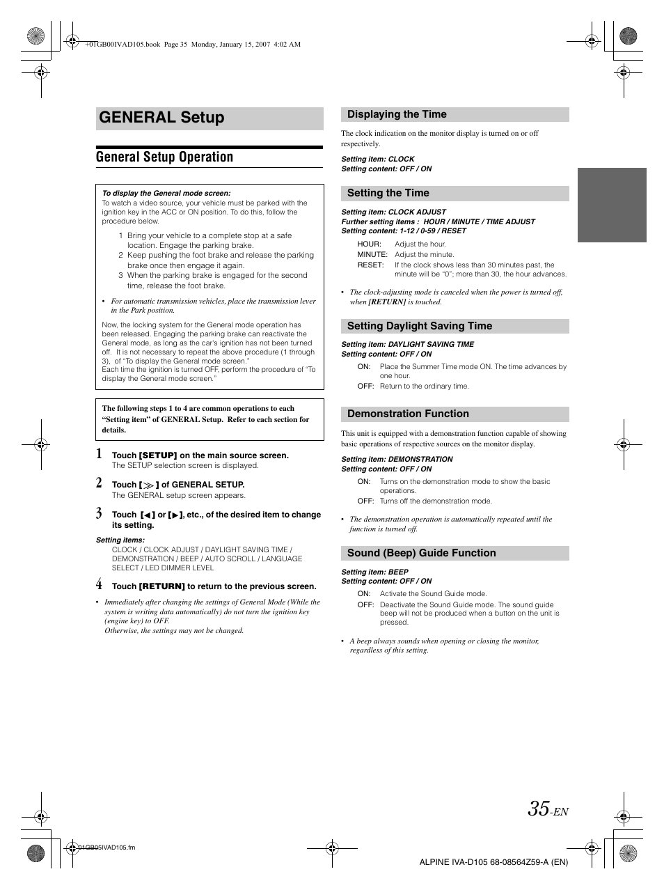General setup, General setup operation | Alpine IVA-D105 User Manual | Page 37 / 83