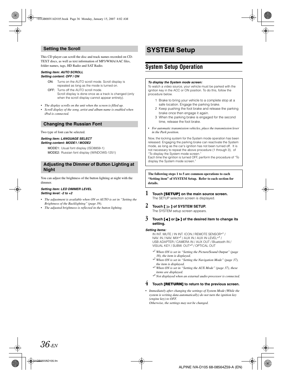 System setup, System setup operation | Alpine IVA-D105 User Manual | Page 38 / 83