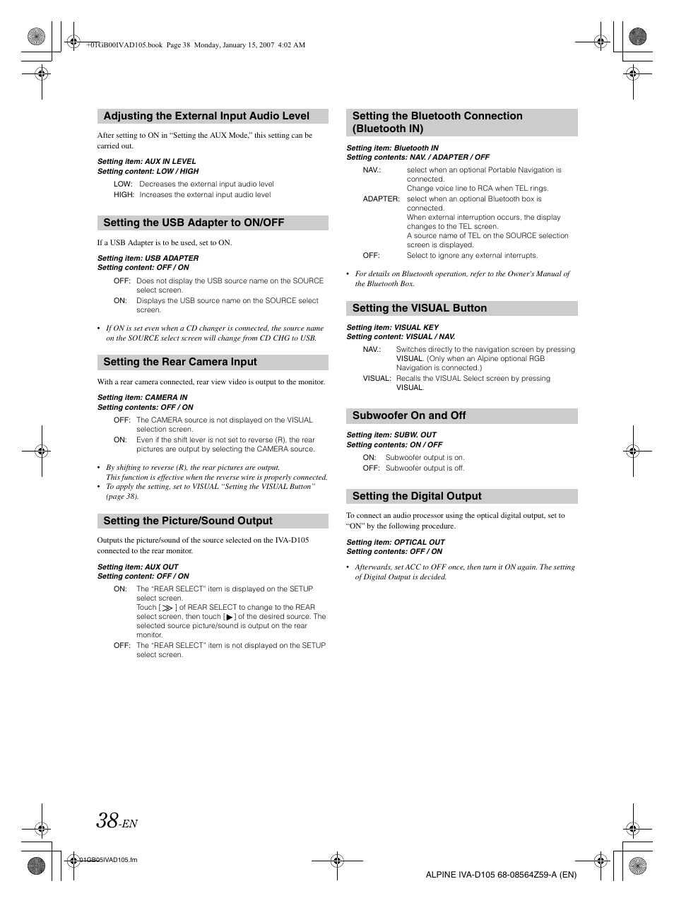 Adjusting the external input audio level, Setting the usb adapter to on/off, Setting the rear camera input | Setting the picture/sound output, Setting the bluetooth connection (bluetooth in), Setting the visual button, Subwoofer on and off, Setting the digital output | Alpine IVA-D105 User Manual | Page 40 / 83