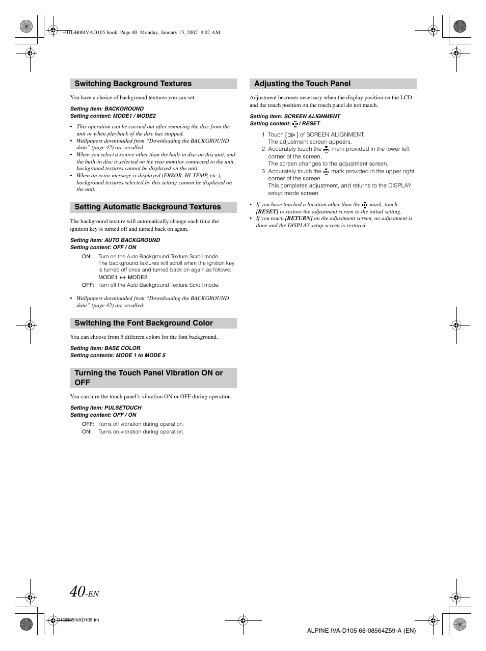 Adjusting the touch panel | Alpine IVA-D105 User Manual | Page 42 / 83