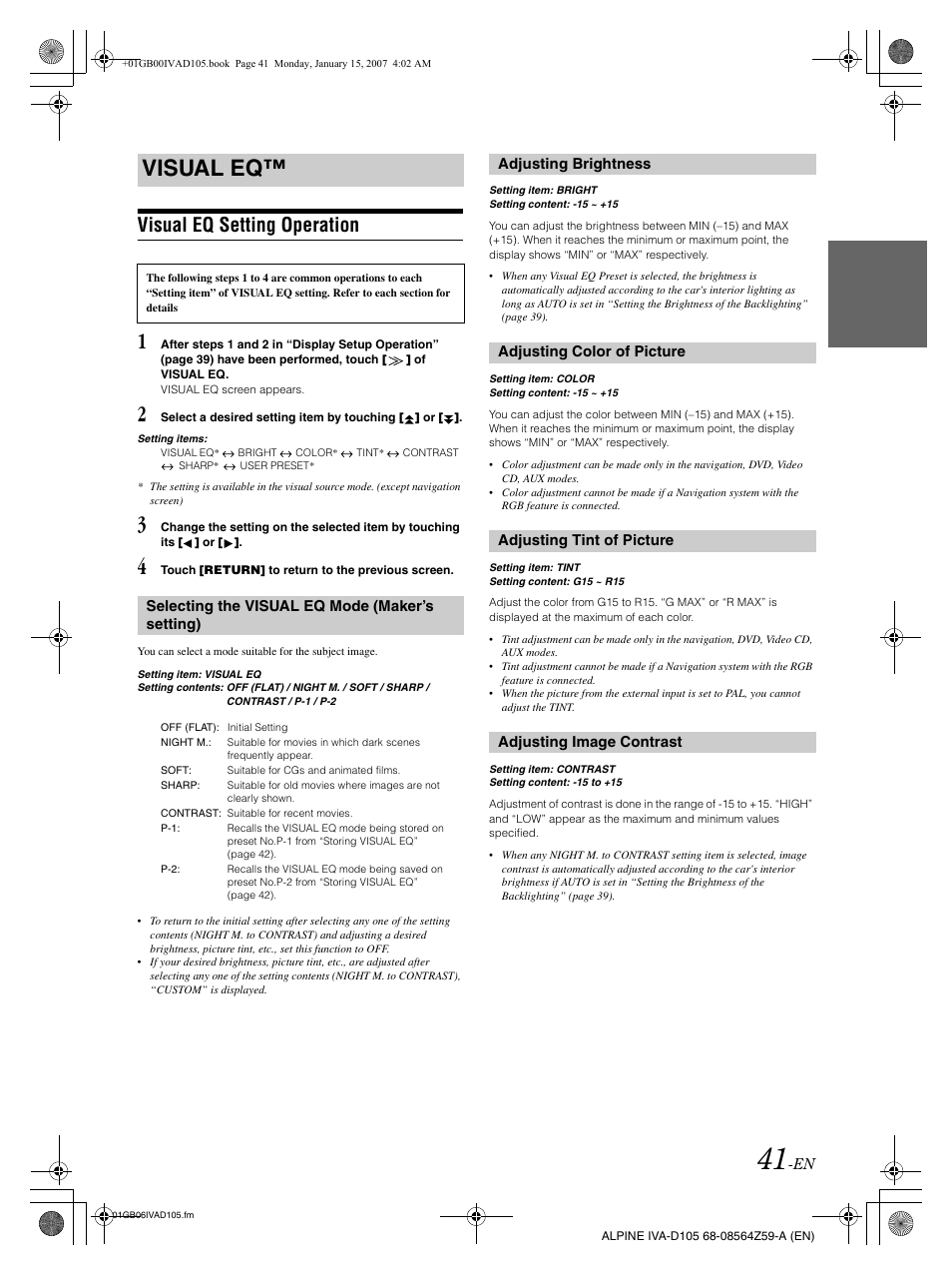 Visual eq, Visual eq setting operation | Alpine IVA-D105 User Manual | Page 43 / 83