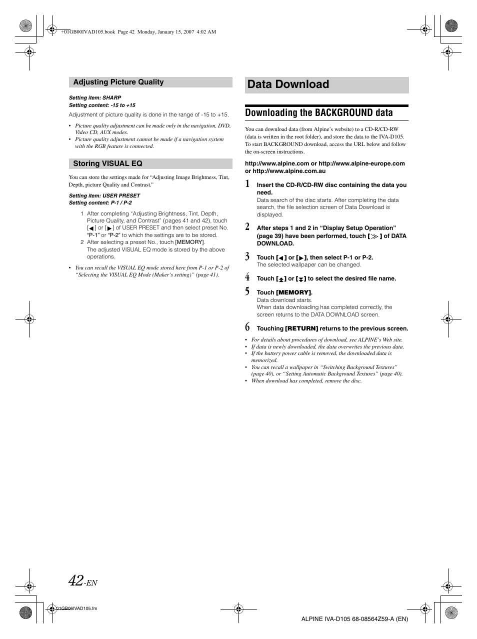 Data download, Downloading the background data | Alpine IVA-D105 User Manual | Page 44 / 83