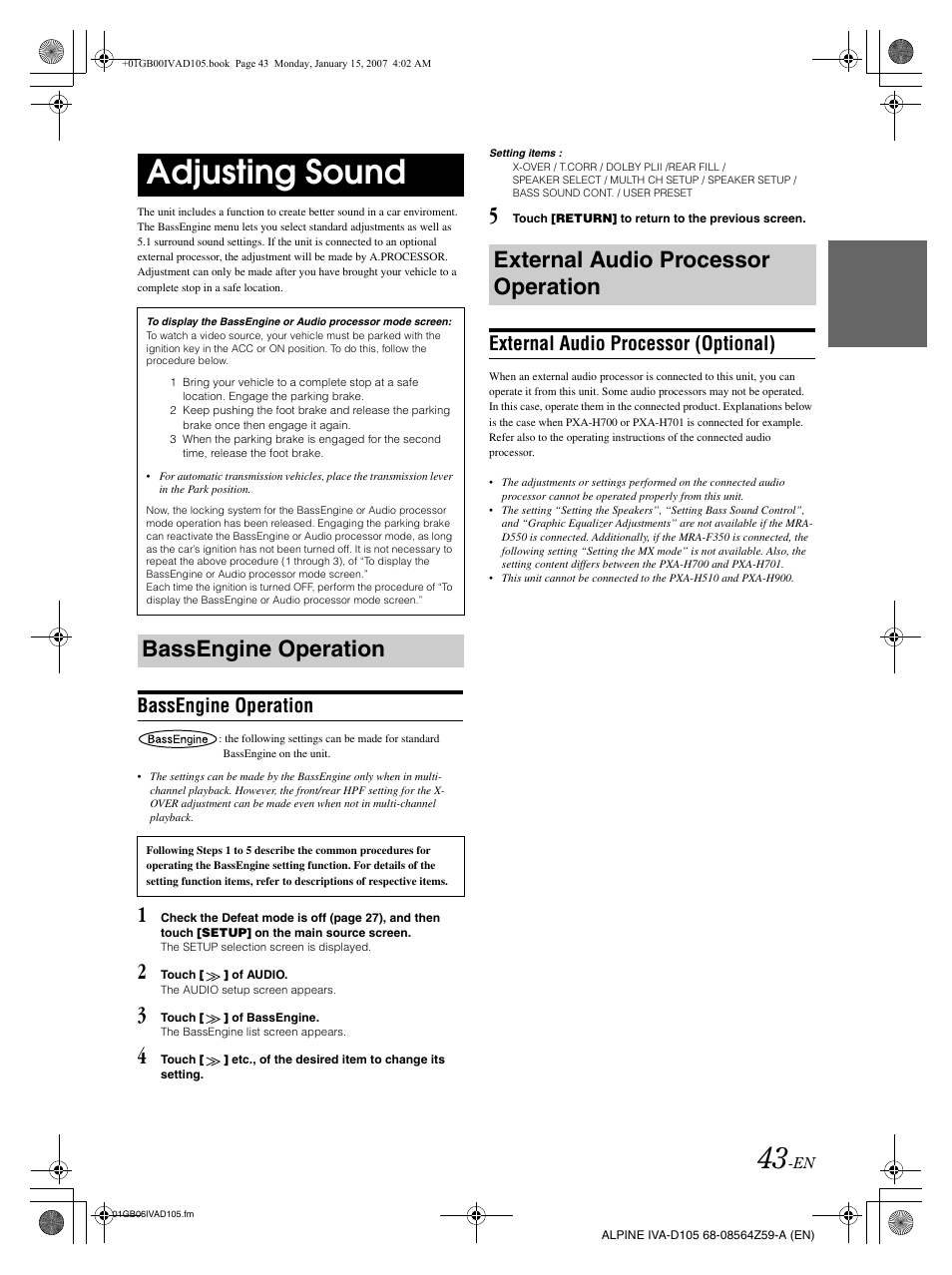 Adjusting sound, External audio processor operation, Bassengine operation | External audio processor (optional) | Alpine IVA-D105 User Manual | Page 45 / 83