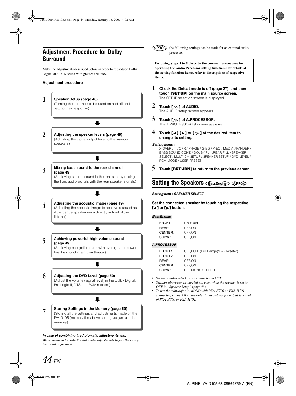 Adjustment procedure for dolby surround, Setting the speakers | Alpine IVA-D105 User Manual | Page 46 / 83