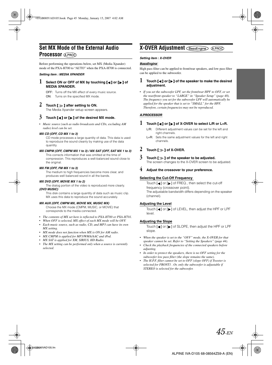 Set mx mode of the external audio processor, X-over adjustment | Alpine IVA-D105 User Manual | Page 47 / 83
