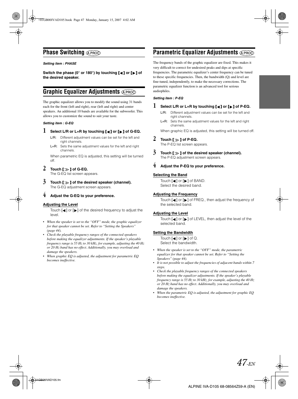 Phase switching, Graphic equalizer adjustments, Parametric equalizer adjustments | Alpine IVA-D105 User Manual | Page 49 / 83
