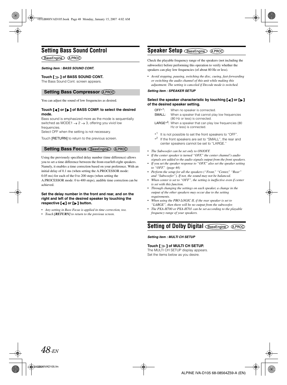 Setting bass sound control, Speaker setup, Setting of dolby digital | Alpine IVA-D105 User Manual | Page 50 / 83