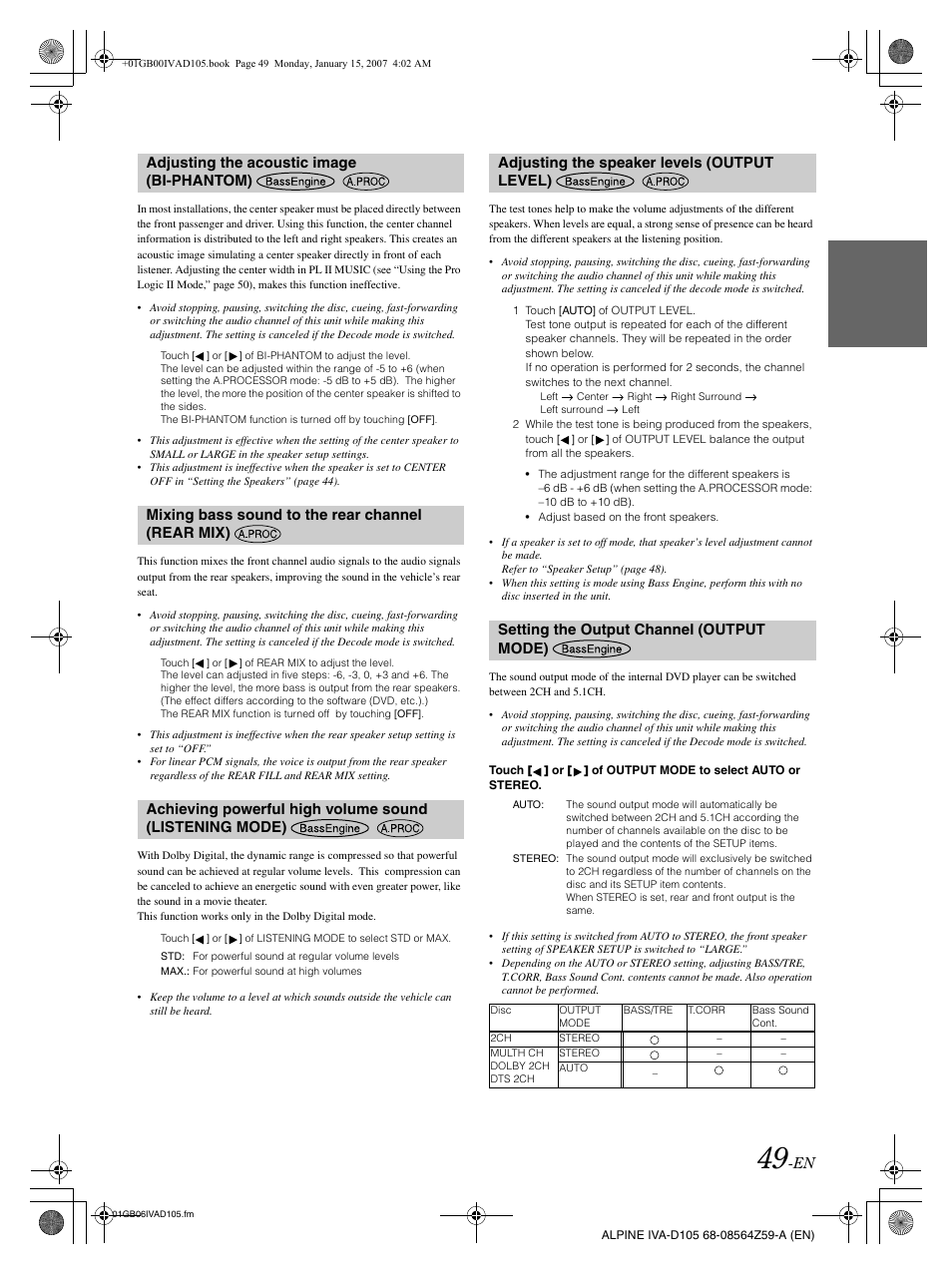 Adjusting the speaker levels (output level), Setting the output channel (output mode) | Alpine IVA-D105 User Manual | Page 51 / 83