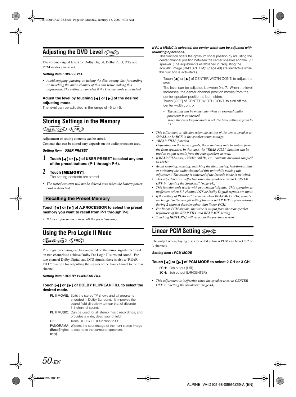 Adjusting the dvd level, Using the pro logic ii mode, Linear pcm setting | Alpine IVA-D105 User Manual | Page 52 / 83