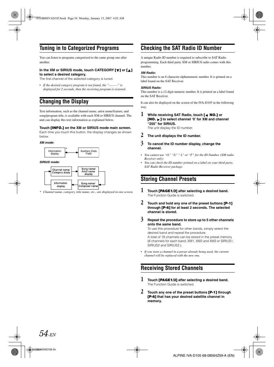 Tuning in to categorized programs, Changing the display, Checking the sat radio id number | Storing channel presets, Receiving stored channels | Alpine IVA-D105 User Manual | Page 56 / 83