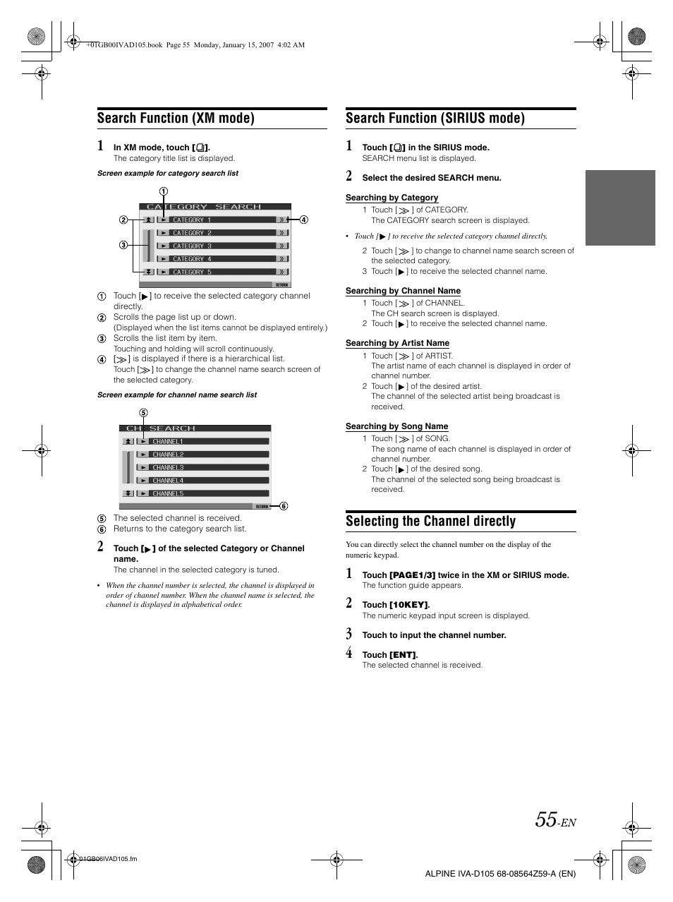 Search function (xm mode), Search function (sirius mode), Selecting the channel directly | Alpine IVA-D105 User Manual | Page 57 / 83