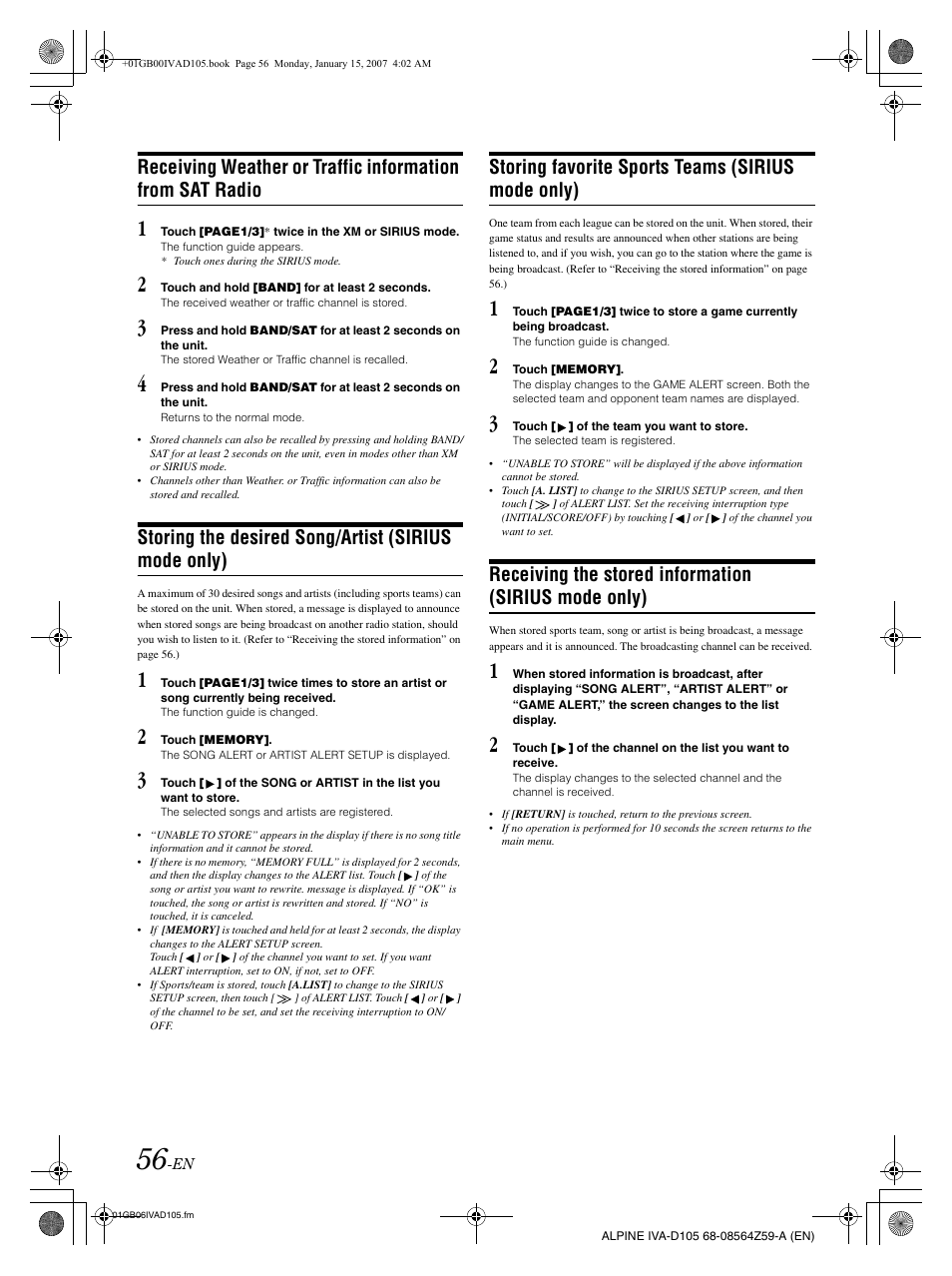 Storing the desired song/artist (sirius mode only), Storing favorite sports teams (sirius mode only) | Alpine IVA-D105 User Manual | Page 58 / 83