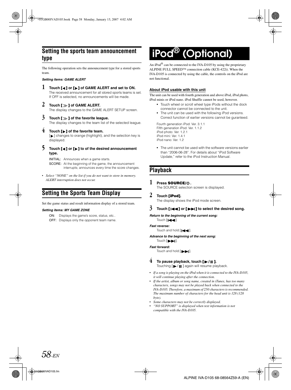 Ipod, Optional), Setting the sports team announcement type | Setting the sports team display, Playback | Alpine IVA-D105 User Manual | Page 60 / 83