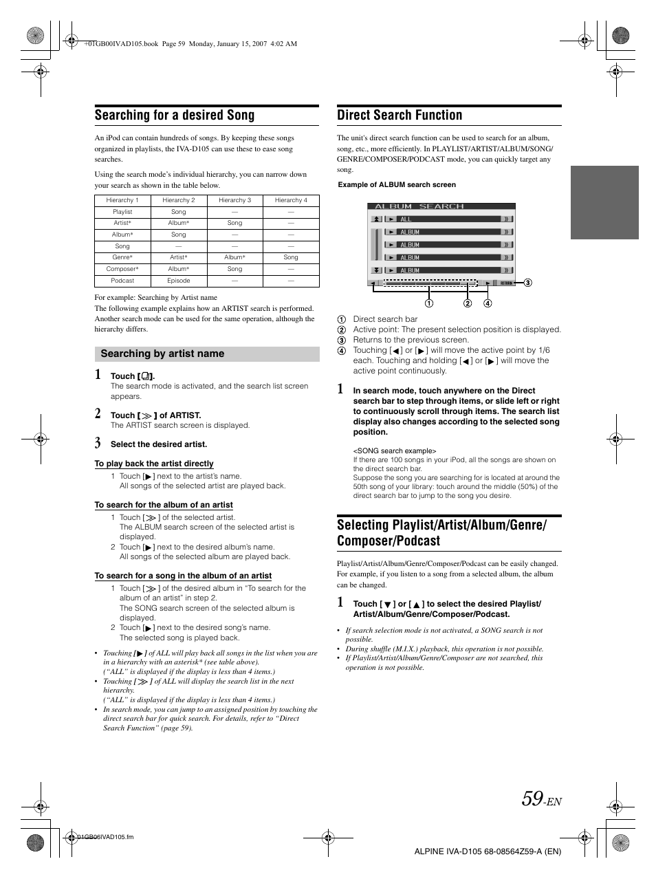 Searching for a desired song, Direct search function | Alpine IVA-D105 User Manual | Page 61 / 83