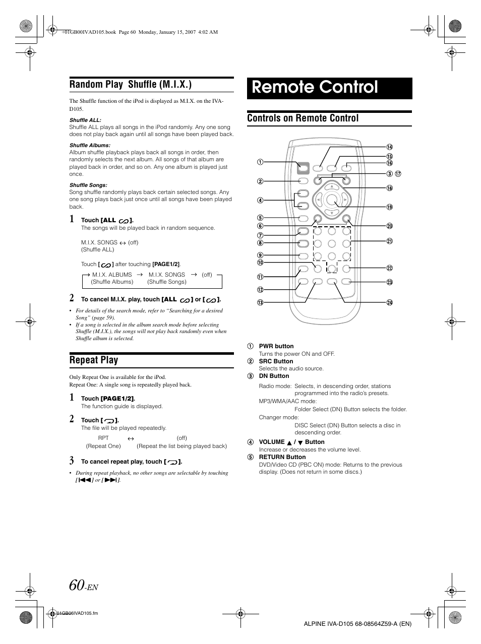 Remote control, Random play shuffle (m.i.x.), Repeat play | Controls on remote control | Alpine IVA-D105 User Manual | Page 62 / 83