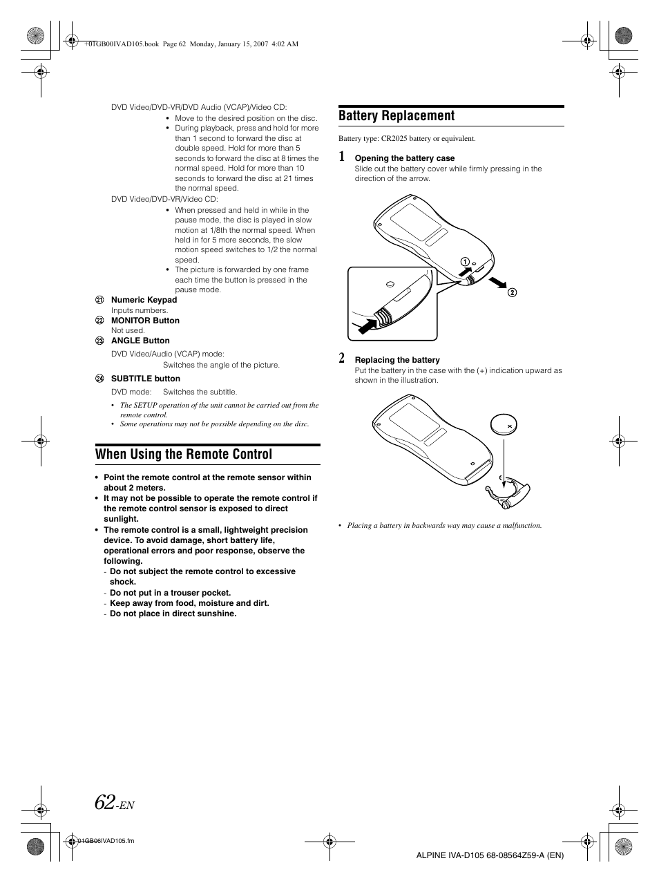 When using the remote control, Battery replacement | Alpine IVA-D105 User Manual | Page 64 / 83