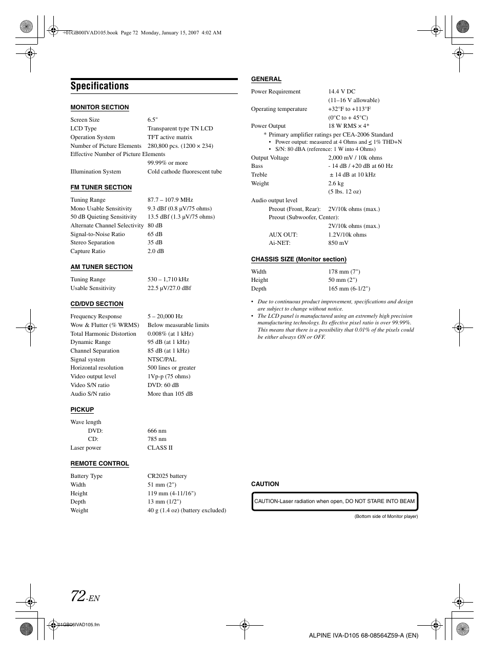 Specifications | Alpine IVA-D105 User Manual | Page 74 / 83