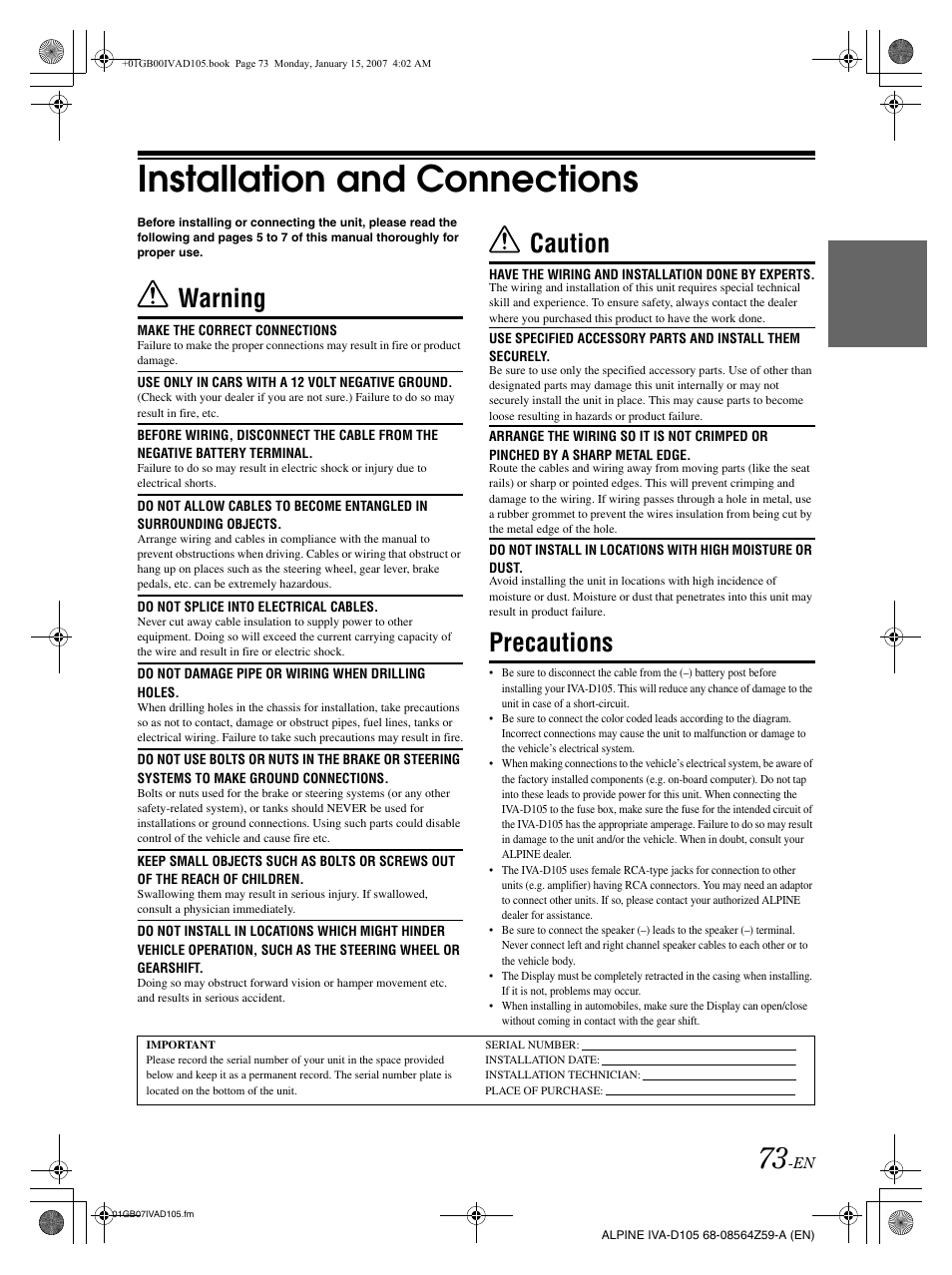 Installation and connections, Warning, Caution | Precautions | Alpine IVA-D105 User Manual | Page 75 / 83