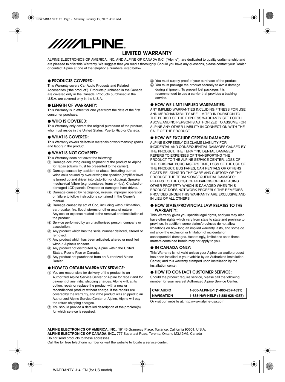 Limited warranty | Alpine IVA-D105 User Manual | Page 83 / 83