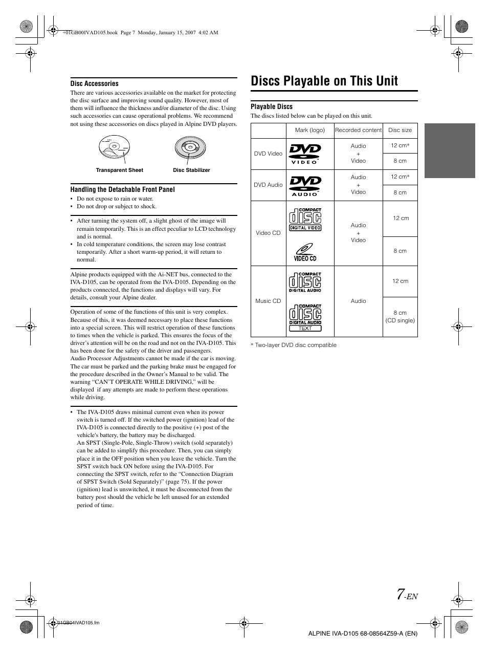 Discs playable on this unit | Alpine IVA-D105 User Manual | Page 9 / 83