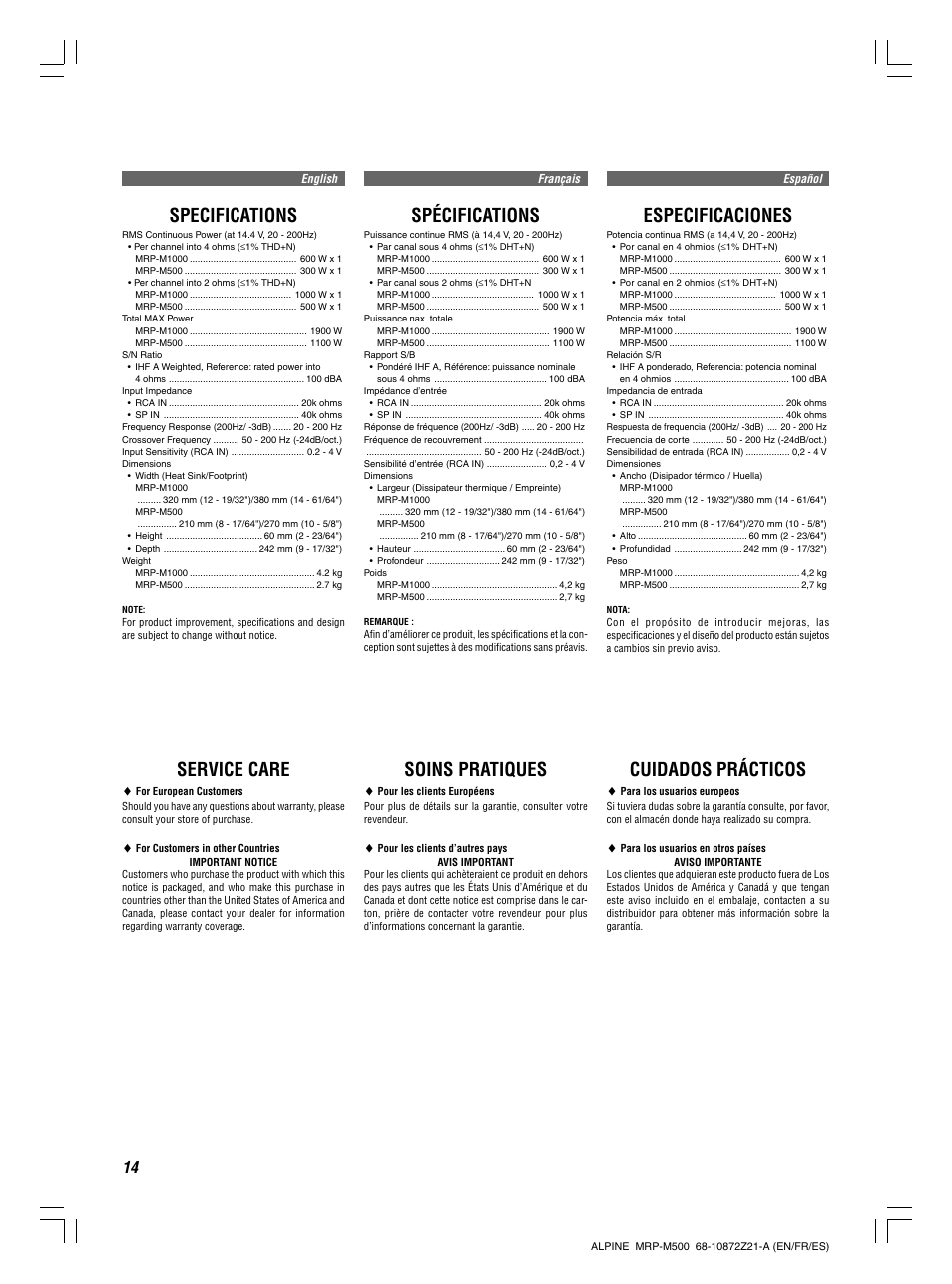Service care, Soins pratiques, Cuidados prácticos | Specifications, Spécifications, Especificaciones | Alpine MRP-M1000 User Manual | Page 14 / 16