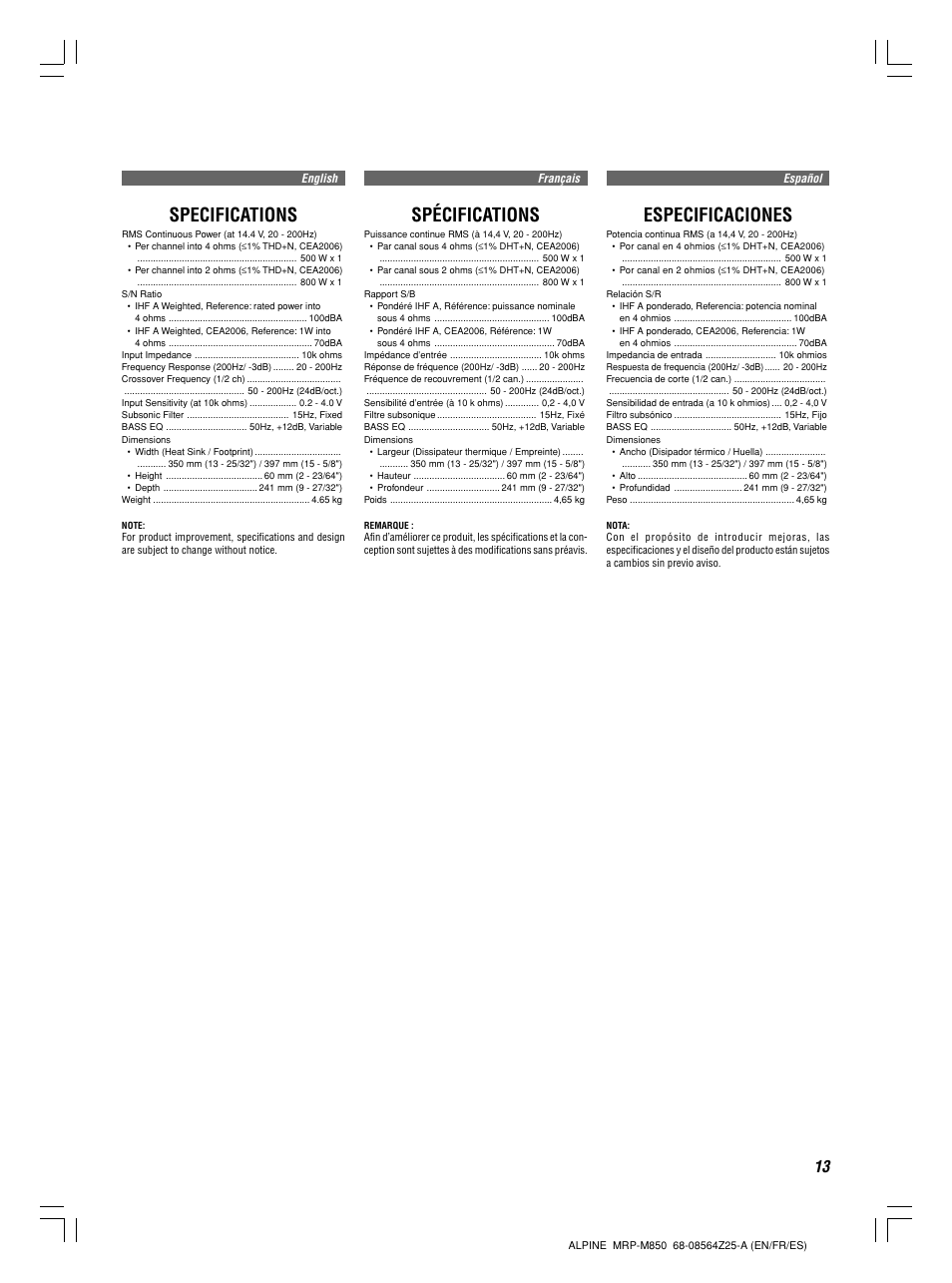 Specifications, Spécifications, Especificaciones | Alpine MRP-M850 User Manual | Page 13 / 16