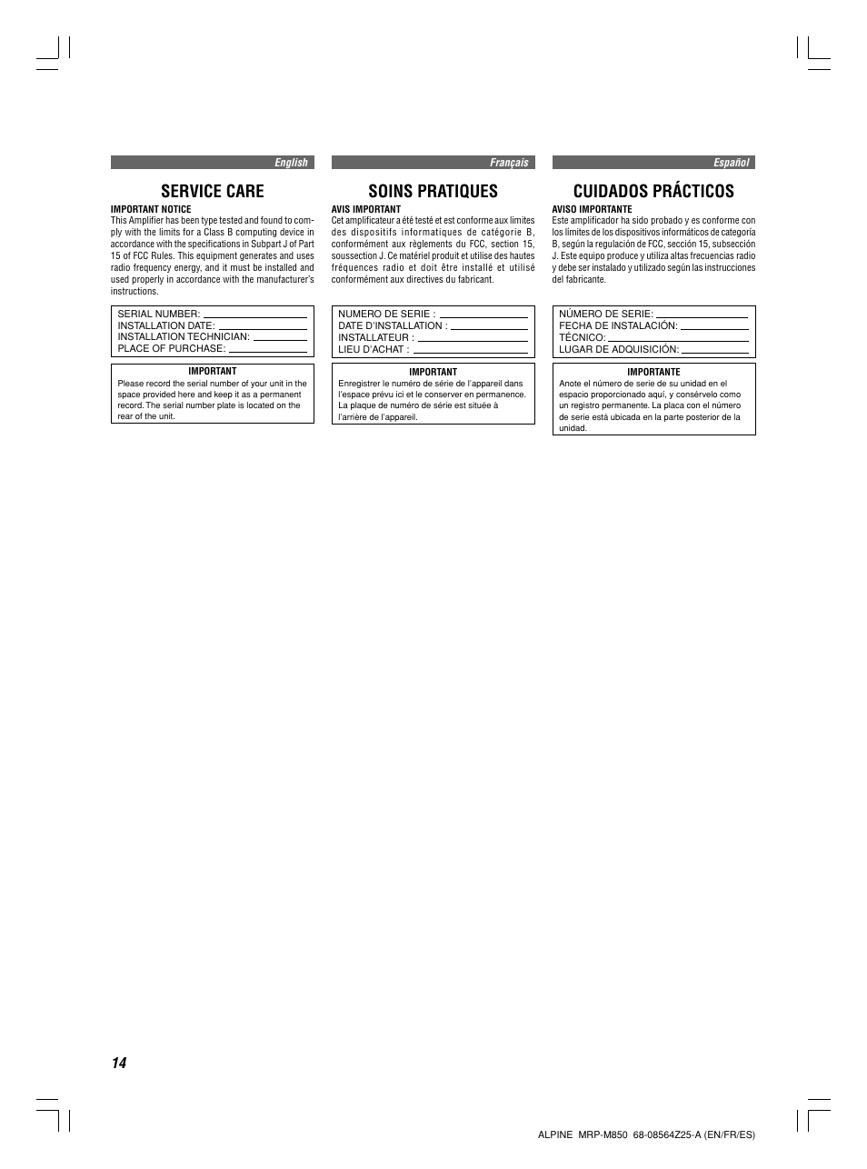 Service care, Soins pratiques, Cuidados prácticos | Alpine MRP-M850 User Manual | Page 14 / 16