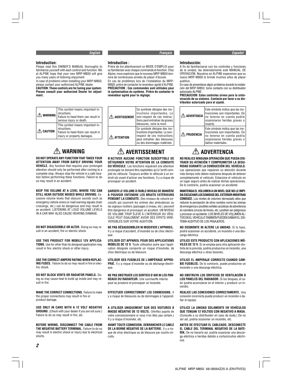 Avertissement, Warning, Advertencia | Alpine MRP-M850 User Manual | Page 2 / 16