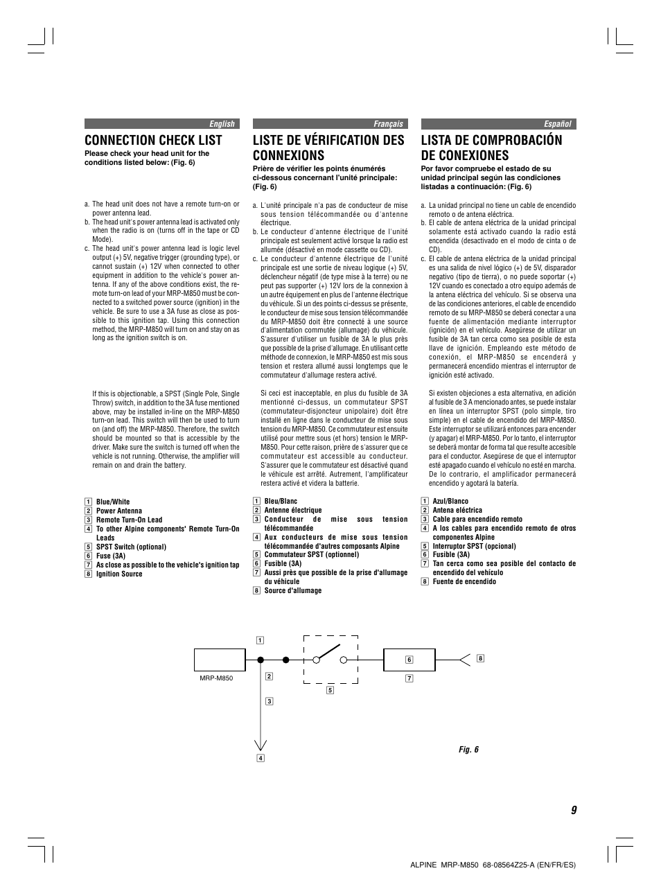 Connection check list, Liste de vérification des connexions, Lista de comprobación de conexiones | Alpine MRP-M850 User Manual | Page 9 / 16