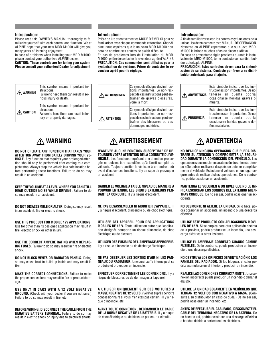 Warning, Avertissement, Advertencia | Alpine MRD-M1000 User Manual | Page 2 / 32