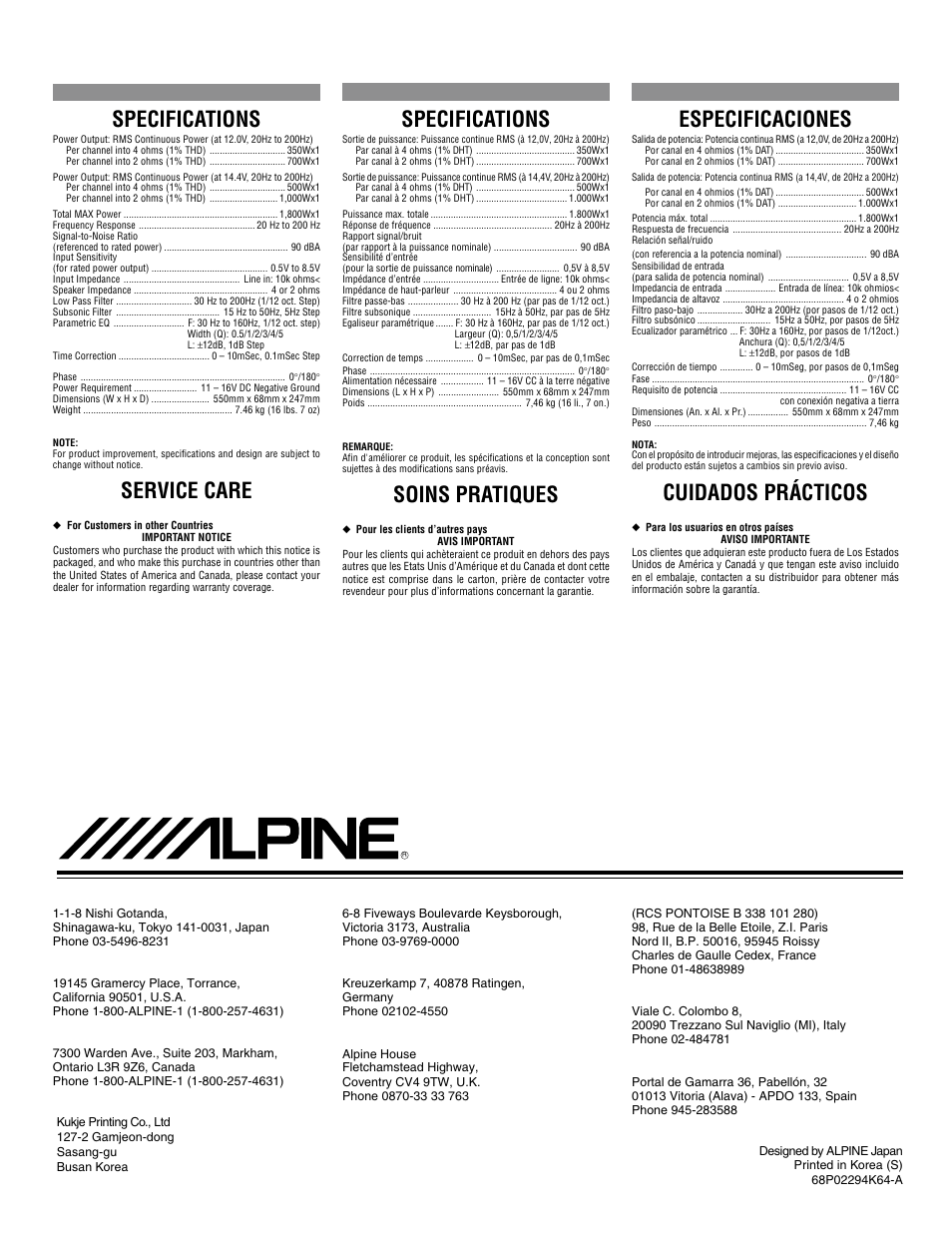 Specs, Specifications, Service care | Soins pratiques, Especificaciones, Cuidados prácticos | Alpine MRD-M1000 User Manual | Page 24 / 32