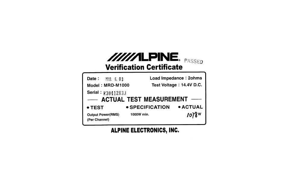 Quality control certificate | Alpine MRD-M1000 User Manual | Page 32 / 32