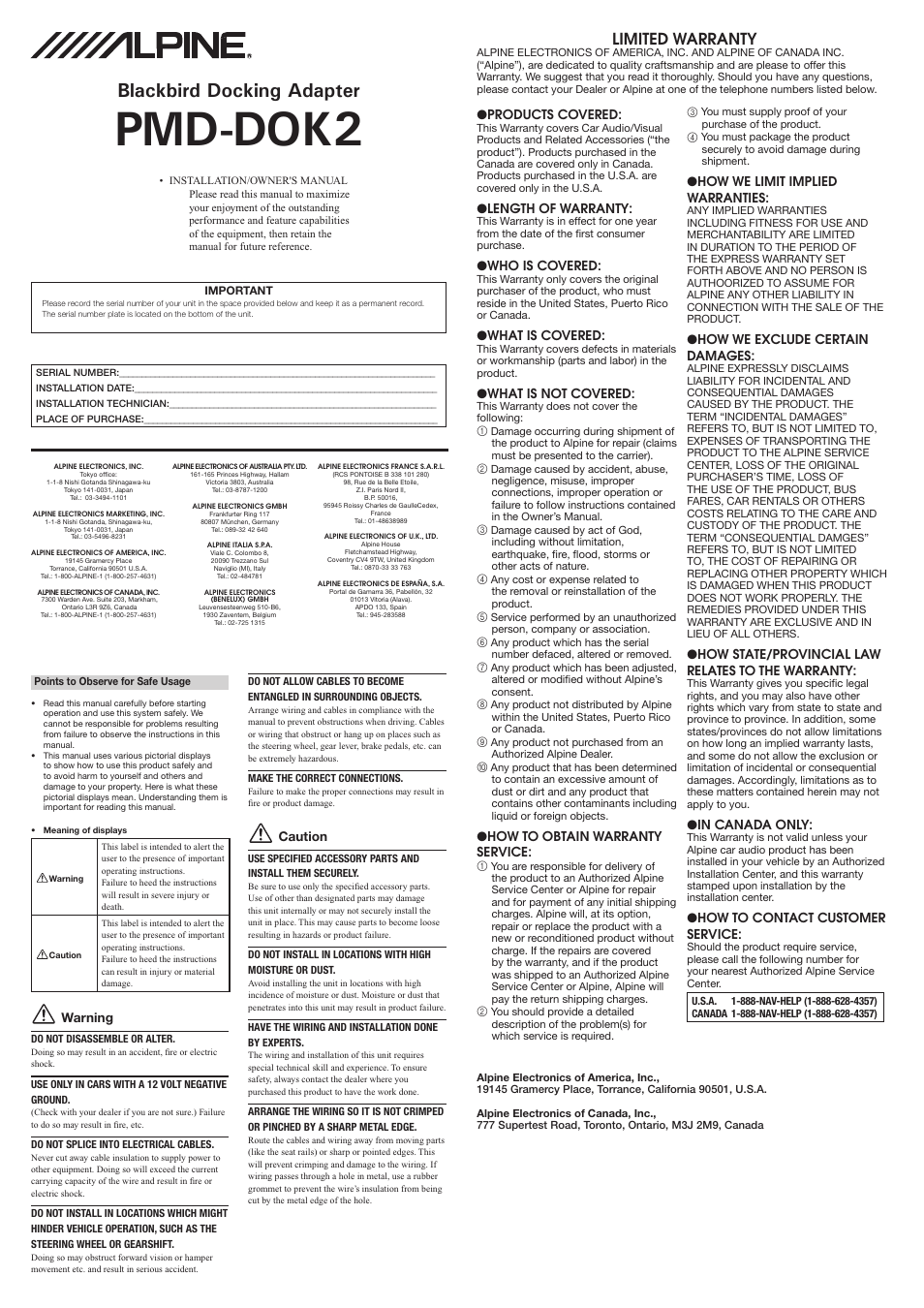 Alpine Blackbird Docking Adapter PMD-DOK2 User Manual | 2 pages