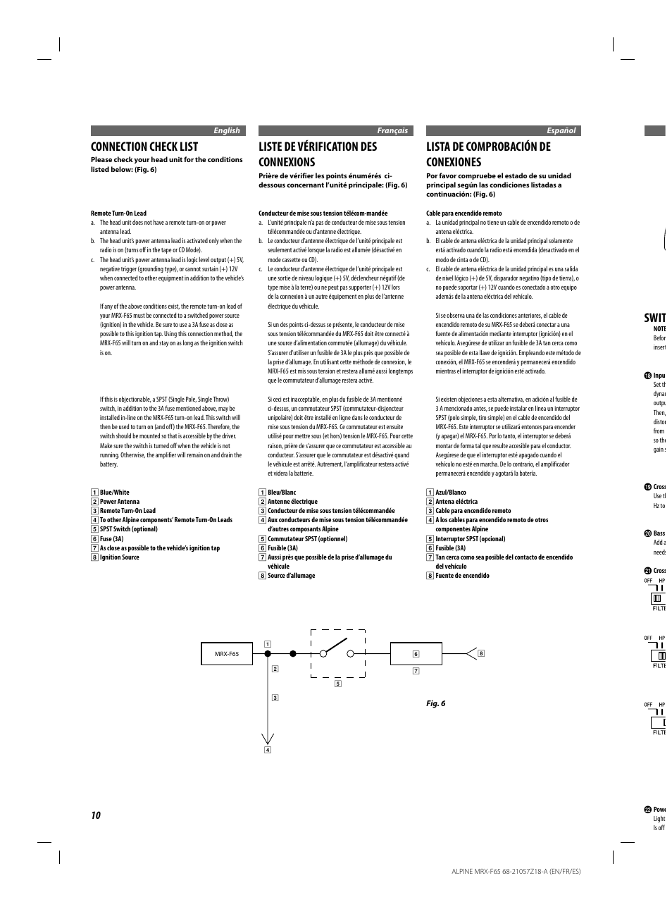 Connection check list, Liste de vérification des connexions, Lista de comprobación de conexiones | Swit | Alpine 4 CHANNEL POWER AMPLIFIER MRX-F65 68-21057Z18-A User Manual | Page 10 / 16