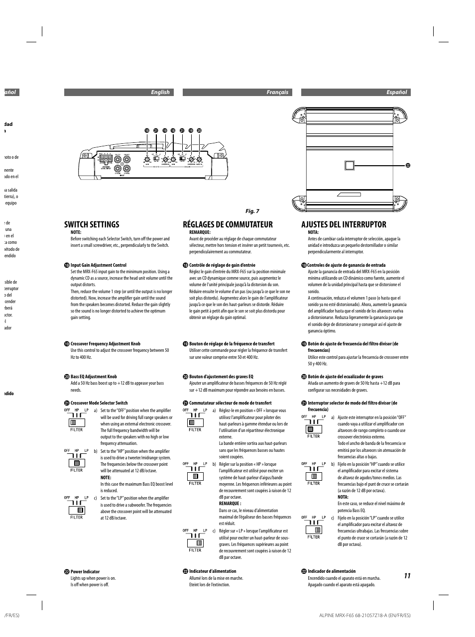 Switch settings, Réglages de commutateur, Ajustes del interruptor | Alpine 4 CHANNEL POWER AMPLIFIER MRX-F65 68-21057Z18-A User Manual | Page 11 / 16