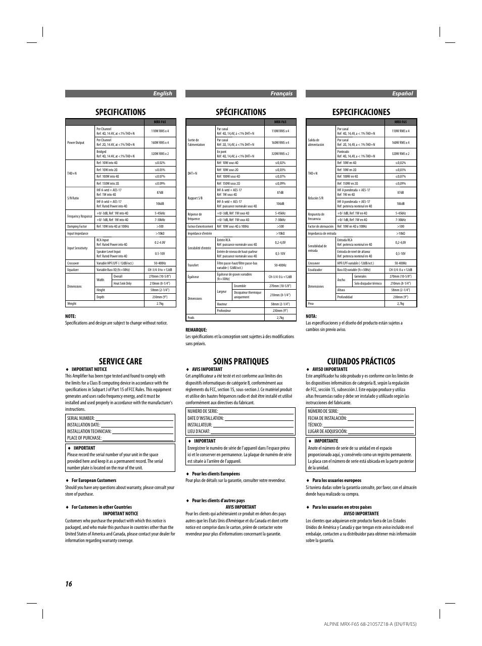 Specifications, Spécifications, Especificaciones | Service care, Soins pratiques, Cuidados prácticos | Alpine 4 CHANNEL POWER AMPLIFIER MRX-F65 68-21057Z18-A User Manual | Page 16 / 16