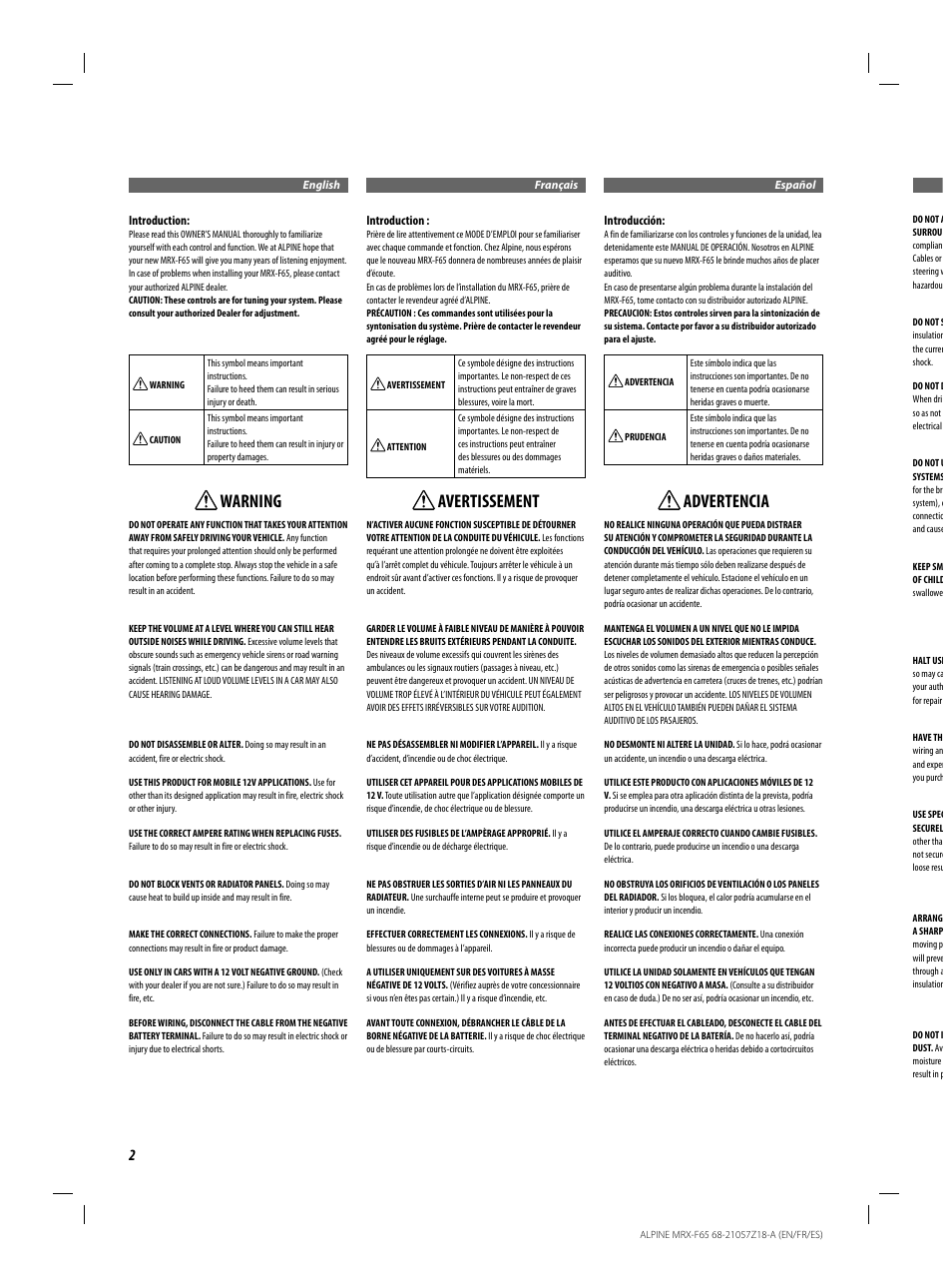 Warning, Avertissement, Advertencia | Alpine 4 CHANNEL POWER AMPLIFIER MRX-F65 68-21057Z18-A User Manual | Page 2 / 16