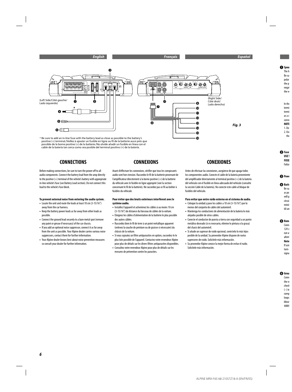 Connections, Connexions, Conexiones | Alpine 4 CHANNEL POWER AMPLIFIER MRX-F65 68-21057Z18-A User Manual | Page 6 / 16