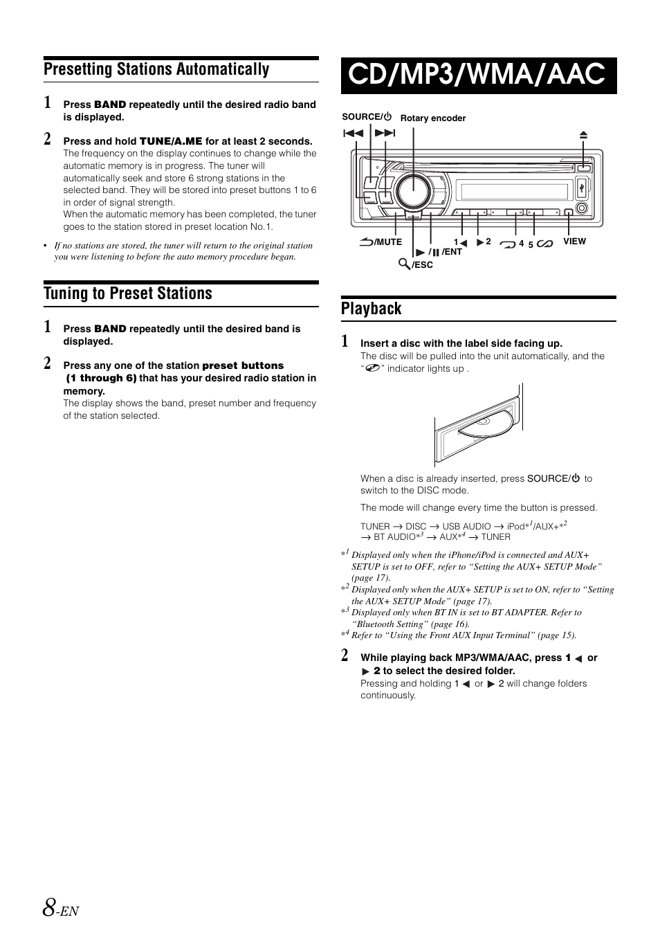 Presetting stations automatically, Tuning to preset stations, Cd/mp3/wma/aac | Playback | Alpine CDE-102 User Manual | Page 10 / 31