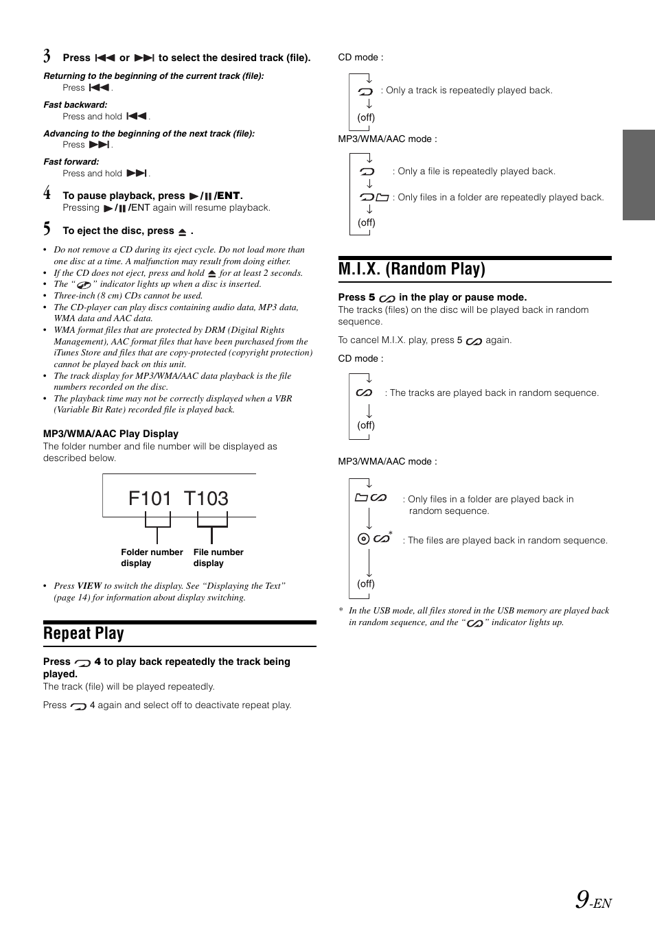 Repeat play, M.i.x. (random play) | Alpine CDE-102 User Manual | Page 11 / 31