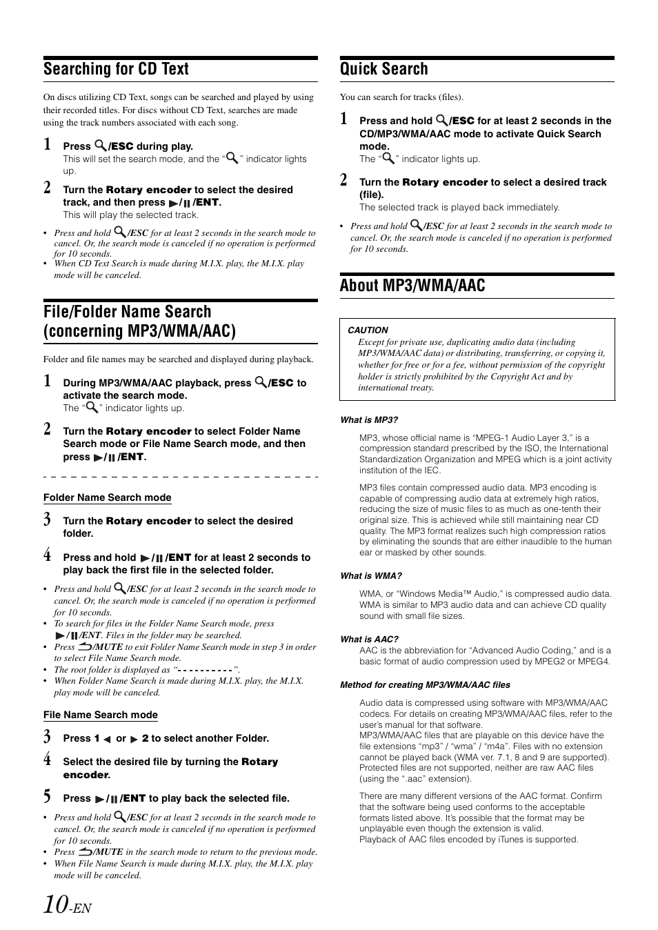 Searching for cd text, File/folder name search (concerning mp3/wma/aac), Quick search | About mp3/wma/aac, File/folder name search, Concerning mp3/wma/aac) | Alpine CDE-102 User Manual | Page 12 / 31